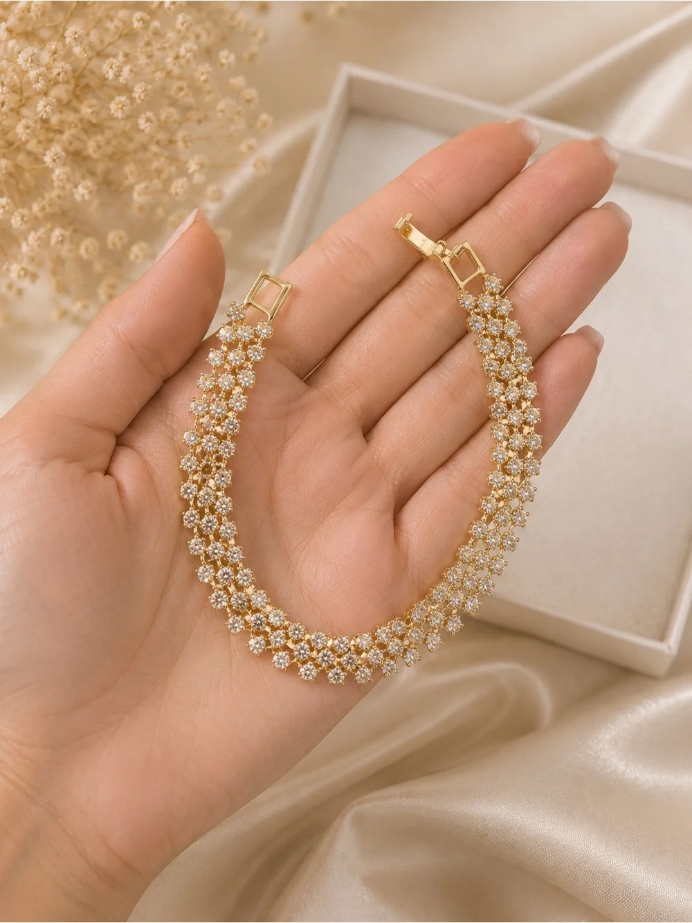 Brazilian Gold Sparkling CZ Statement Bracelet- Elegant Floral Design